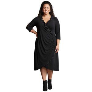 Frank Lyman Black Faux Wrap Midi Dress Lace Trim ¾ Sleeve Ruffle Cocktail Sz 18